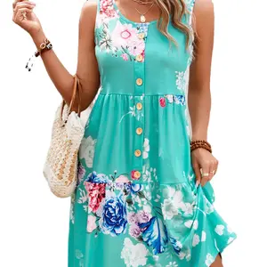 Maxi Sleeveless Casual Split Plus Size Elegant Cute Daily Soft Fit Button Floral Print Mint Green Short Summer Women Dress