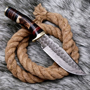Couteau de chasse en acier Damas à lame pointue avec manche en bois et accents en laiton pour usage extérieur - Product Image 1