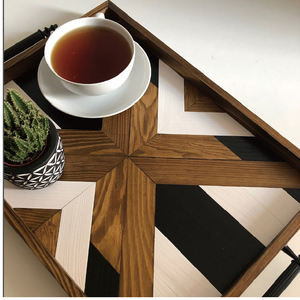 Plateaux de service en résine noire à motifs géométriques Plateau de service décoratif en <span class=keywords><strong>bois</strong></span> pour café <span class=keywords><strong>et</strong></span> thé avec poignées peintes pour usage domestique - Product Image 4