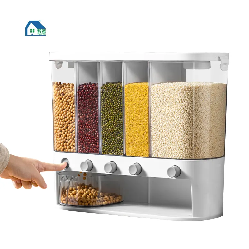 Wall mounted 5 Grid Plastic Cereal Dispenser Dry Food Rice dispenser 25 pounds Kitchen Storage Box Grain Rice Container