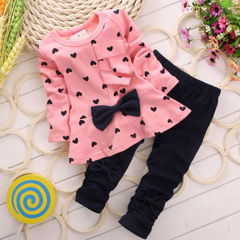 2-5y Toddler Baby Girls Clothing Sets Hearts Print Bow Decorate Long Sleeve Girls Dresses Top+long Pants Outfits Kids Clothing 