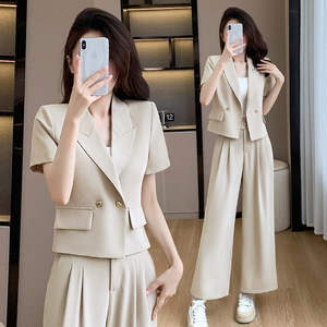 Women's Grey Suit Set Summer Thin Style Casual Short Jacket Pants Solid Color Polyester Satin Breathable No-Wrinkle Treatment - Product Image 3