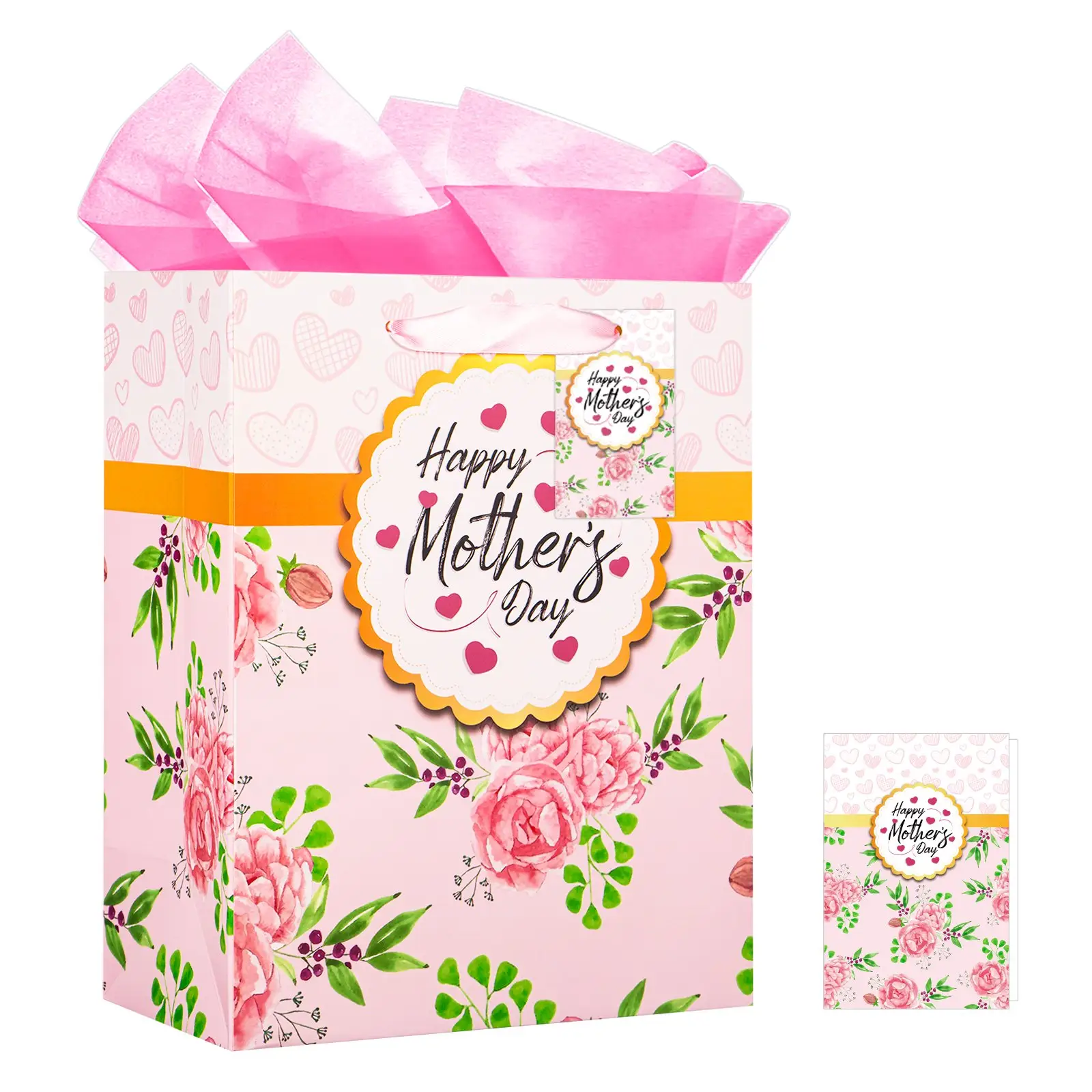 Tas hadiah Hari Ibu bahagia, dengan pegangan cetakan penuh tas hadiah bunga