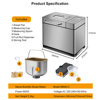 Máquina para Hacer Pan Automática de 650W y 2lb, Acero Inoxidable, para Masa, Mermelada, Pastel, Trigo Integral, Sin Gluten, Función Mantener Caliente, Pantalla LCD, Antiadherente, Programable