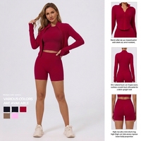 Ensemble de yoga 3 pièces pour femme : veste zippée à col montant, soutien-gorge de sport, short cycliste taille haute, tissu ultra doux extensible dans les quatre sens