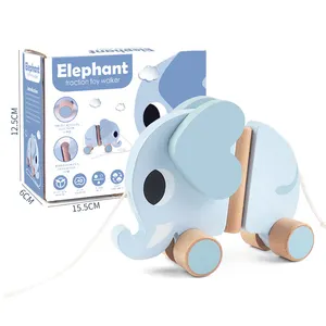 Đầu giáo dục bằng gỗ dễ thương Elephant đồ chơi đẩy và kéo bé động vật kéo xe cho trẻ sơ sinh và trẻ mới biết đi