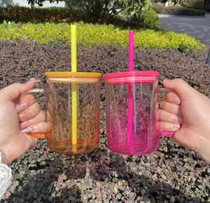 Us Warehouse 17oz Sublimation Blank Ombre Jelly Glass Mug with <b>Plastic</b> Lids 15oz Gradient Travel Coffee Tumbler <b>Cup</b> for Vinyl - Product Image 3