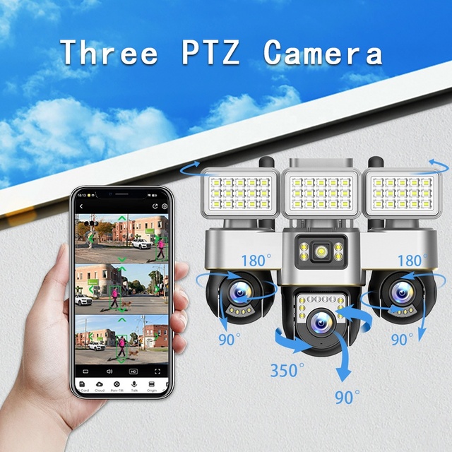 Plastic Panoramic Network Camera V380Pro Outdoor 12Mp Three-Lens Three-Screens 4K Two-Way Audio Pan-Tilt Night Vision