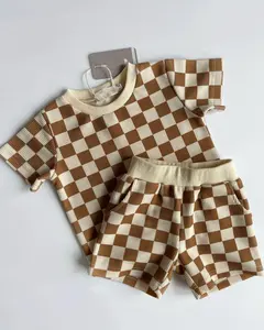 方格色块印花婴儿儿童华夫饼棉套装男童女童夏季玩具套装2件套服装