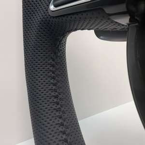 Volant en cuir semi-perforé style <span class=keywords><strong>RS</strong></span> avec pagaie <span class=keywords><strong>rouge</strong></span> pour A3 A4 A5 A6 C6 C7 S3 S4 S5 S9 B8 B9 Q5 Q7 RS3 RS5 <span class=keywords><strong>TT</strong></span> - Product Image 2