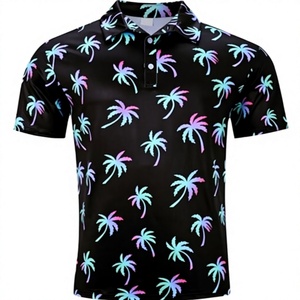Men's Black Palm <b>Tree</b> Print Polo Shirt Short Sleeve Knitted Polyester Casual Breathable Design - Product Image 3