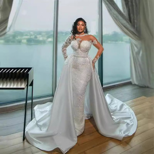 White Satin Beaded Wedding Dress Sweetheart Neckline Long Sleeve Detachable Train Natural Waistline Plus Size Gown - Product Image 1
