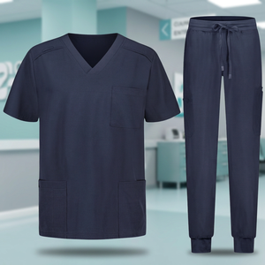 Unisex Navy <b>Blue</b> <b>Scrub</b> Set Short Sleeve Top With Pockets Drawstring Pants Hospital Uniforms Woven Cotton Polyester - Product Image 5