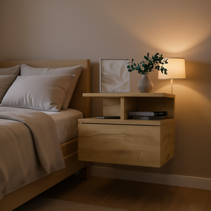 Macadamia 2 Tier <b>Floating</b> Nightstand Wood Modern Minimalist Design Bedroom Furniture With <b>Drawer</b> Storage For Home Use - Product Image 2