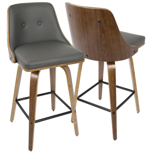 Modern Scandinavian Adjustable Counter <b>Stool</b> in Walnut Wood with Grey Faux Leather for <b>Dining</b> Commercial Use Set of 2 - Product Image 3