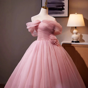 Pink Off The Shoulder Chiffon Ball Gown Empire Waist Evening Dress For Women - Product Image 2