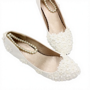 Women <b>Summer</b> 8cm and 5cm High <b>Heel</b> White Pearl Slip-On Bridal Princess Wedding Party <b>Wedges</b> Shoes - Product Image 3