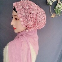 Hijab musulman pour femmes, châle en dentelle avec perles, turban à fleurs brodées, couvre-tête islamique