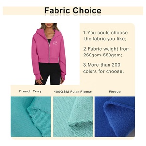 Wholesale Custom Plain Women's Blue Full Zip Gym Sport Thumb Hole Sleeves Hooded Sweatshirt Loose Comfortable Crop <b>Top</b> Hoodie - Product Image 2