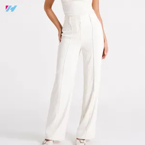 Pantalones de traje de trabajo blancos de cintura alta para mujer personalizados pantalones de pierna ancha para mujer