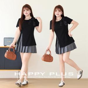 Conjunto de Talla Grande para Mujer Happy Plus, Top Negro, Falda Plisada Gris, Manga Corta, Color Sólido, Diseño de Lazo Tejido - Product Image 3