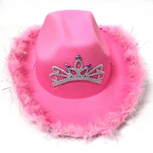 Western Style Ladies Girl Pink Crown Cowboy Hat Birthday Costume Party Pink Cowgirl Hat