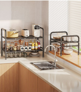 Mensola della <span class=keywords><strong>cucina</strong></span> espandibile risparmio di spazio sotto il lavandino Organizer Desktop Rack di stoccaggio con cestino - Product Image 4