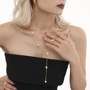 Popular Fashion Chains Necklaces 18k Gold Plated Stainless Steel Snake Chain Handmade Waterproof Long Pearl Necklace for Women - Product Image 1