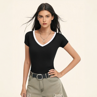 T-shirt d'été Aottori pour femme, col en V, tricoté, respirant, uni, à manches courtes, côtelé, coupe ajustée, extensible, décontracté, noir, taille L