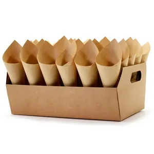 Custom French Fries Holder Printed Brown Kraft Paper Disposable Paper Cup 12oz/16oz/32oz Bubble Waffle Cone Rack Snack Food Grad
