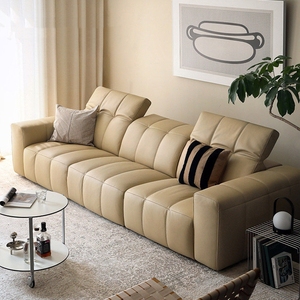 Sofá Individual de Cuero Genuino <span class=keywords><strong>NOYA</strong></span> de Estilo Nórdico Retro, con Brazos Cuadrados y Detalles de Teclas de Piano, Altura del Respaldo Ajustable - Product Image 1