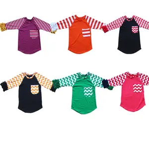 Kemeja Katun Anak-anak Lengan 3/4 Berkerut, Kemeja Polos Bisbol Anak Perempuan Raglan Icing GirlsT untuk Anak Perempuan