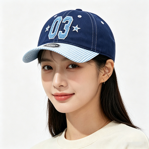 Navy Blue Striped Letter Brim 6-Panel Canvas Baseball Cap with Chenille Embroidery Casual Sporty Adjustable for Unisex - Product Image 1