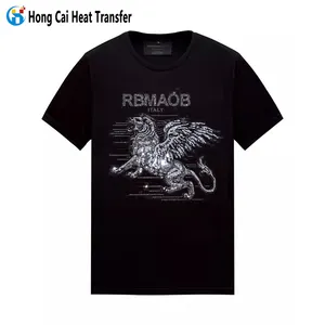 Camiseta de transferência de strass para homens com logotipo personalizado com estampa de caveira, camiseta personalizada de marca de moda com strass Hongcai