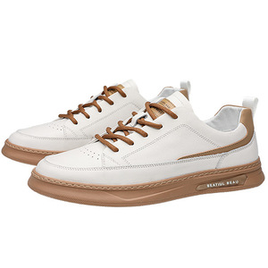 Men's <b>White</b> Leather Sneakers Low <b>Heel</b> Breathable Rubber Outsole EVA Midsole Casual Walking Shoes - Product Image 5