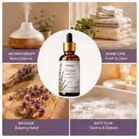 Huile essentielle de thym pure et naturelle ; antivirale et stimulante du système immunitaire ; adaptée aux diffuseurs d'aromathérapie.