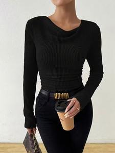 Pull en tricot à manches longues pour femme, taille plus, couleur unie, style coréen, anti-boulochage, respirant, polyester, col rond, automne/hiver - Product Image 2