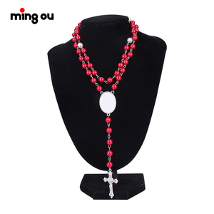 Metal Crafts Cross Religious Sublimation Blank Rosary Necklace with Oval Insert