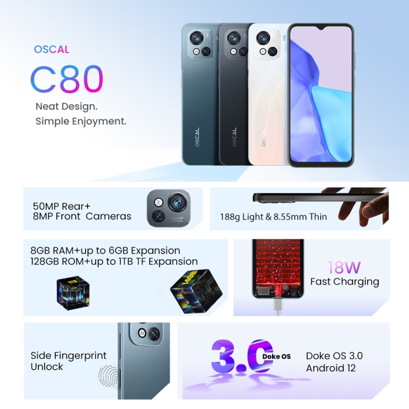 OSCAL C80 スマートフォン本体　8/128GB SIMフリー　即購入可 Oscal C80 New Version Unlocked Smartphone, 8GB RAM, 128GB