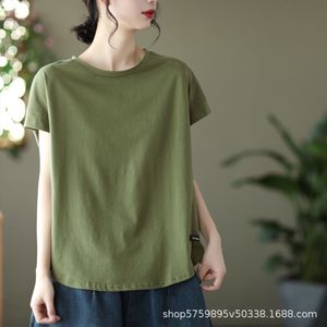 Women's Round Neck Short Sleeve Solid Color T-Shirt Military Green Casual Jersey Fabric - Product Image 1