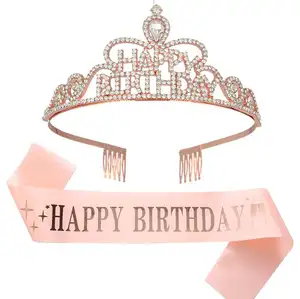 Crown Set Birthday Sash Happy Birthday Girl Sash Rose Gold Shining crystal women Sash Birthday Party Decoration