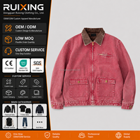 Veste en toile délavée personnalisée en gros, col en velours côtelé vintage, poches cargo, coupe ample, manteau sur mesure OEM à marque privée