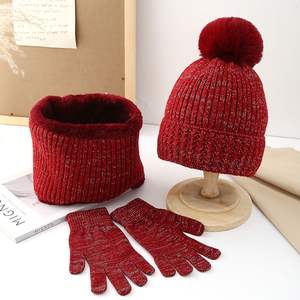 Ensemble de bonnets à pompons en tricot épais doux et chaud pour femmes, ensemble de gants, écharpe et <span class=keywords><strong>bonnet</strong></span> tricoté à l'intérieur, nouvel arrivage d'hiver - Product Image 2