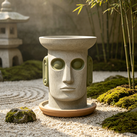 Pot de fleurs décoratif en résine fait main, tête de Moaï de l'île de Pâques peinte à la main, effet pierre rétro, statue, ornement de jardin