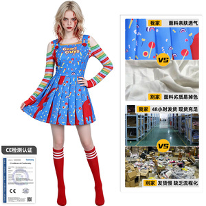 Chucky Cosplay Dress Women's Halloween Costume Blue With Rainbow Stripes And Red <b>Socks</b> Polyester Fiber Material - Product Image 1