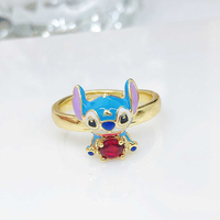 RM1706 Chic Vintage Bague ouverte ajustable en émail cloisonné chinois plaqué or 18 carats avec motif de dessin animé Stitch pour femmes