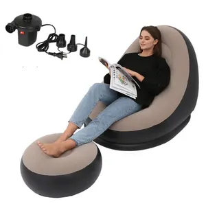 Lounge Air Sofa Bed Set Folding Portable Inflatable Lazy Flocking Recliner Chair with Footstool and Air Pump