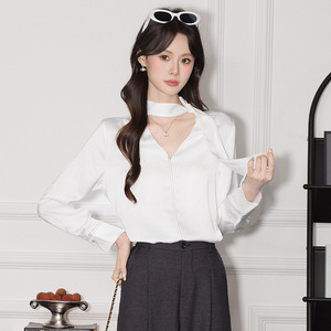 French Style Ribbon Blouse Women White V Neck Long Sleeve Wrap <b>Tie</b> Top Office Wear Slim Fit Solid Color <b>Polyester</b> Shirt Q9944 - Product Image 3