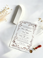 Invitations de mariage vintage marron à motifs floraux, enveloppe doublée florale, étiquette personnalisée avec monogramme, carte d'invitation rustique pour jardin d'automne avec bord festonné