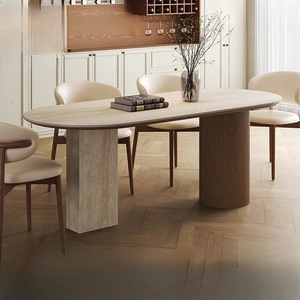 Table à manger ovale en travertin avec pieds en colonne romaine, structure stable pour salle à manger - Product Image 2